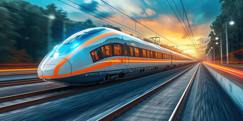 The high-speed train is driving at full speed in the countryside. AI-generated image	 - obrazy, fototapety, plakaty