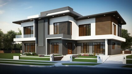 Fototapeta premium Modern luxury two-story house exterior with clean lines, large windows, white and gray facade, and landscaped front yard, ideal for real estate, architecture, or upscale living concepts.