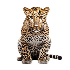 leopard isolated on a transparent background, leopard looking at the camera while sitting. 