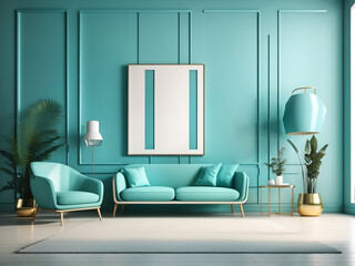 Creative interior concept. Abstract turquoise aqua large empty wall room with white blank frame furniture deco. Banner template for product presentation. Mock-up 3D rendering of living.