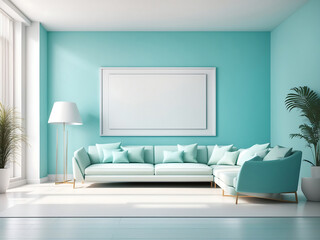 Creative interior concept. Abstract turquoise aqua large empty wall room with white blank frame furniture deco. Banner template for product presentation. Mock-up 3D rendering of living.