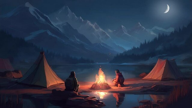Animated Vtuber Backdrop of people Camping in the Mountains at Night