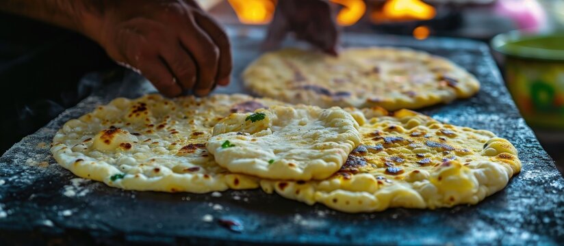 Indian street food called Parrota or flat bread in the making.
