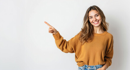 young smiling woman wearing casual clothes looking at the camera and pointing with finger to the left side. product presentation and advertisement