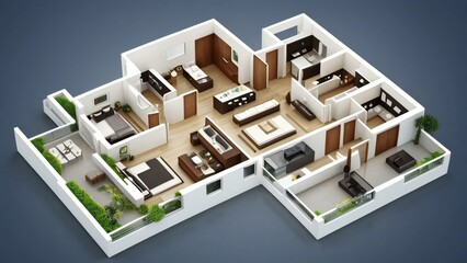 3D illustration floor plan of a house, modern cozy house isolated on white background