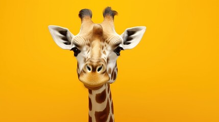 Close-up of a giraffe's face on a yellow background, close-up portrait of a giraffe