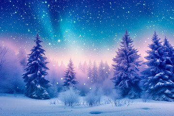 Fototapeta na wymiar A mesmerizing view of a snowy landscape under a starlit sky with aurora borealis illuminating the serene and tranquil winter night