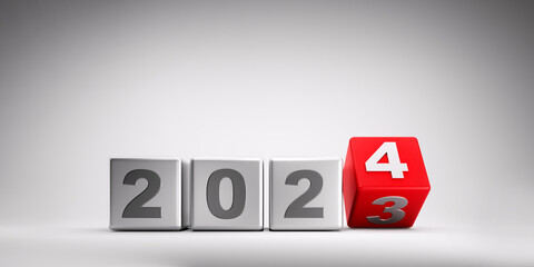 New year 2023 change to 2024 concept - turning silver and red cubes - 3D illustration