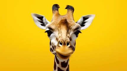 Close-up of a giraffe's face on a yellow background, close-up portrait of a giraffe
