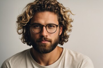 Fototapeta na wymiar a face portrait of a handsome white caucasian man with wavy curly hair
