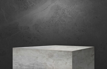premium grey podium made of grey stucco concrete with dark black marble background and light from...