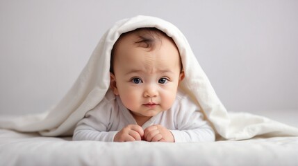 Portrait of baby under blanket 