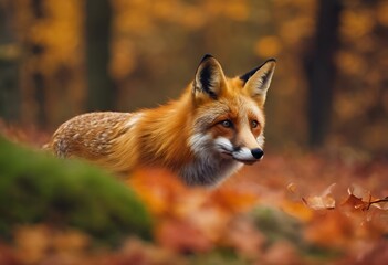 Fototapeta premium a red fox sitting in the leaves on the ground in a forest