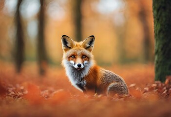 Fototapeta premium an orange fox sitting among a forest full of red leaves