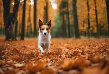 Naklejka na ściany i meble dog running through leaves on the ground in front of trees