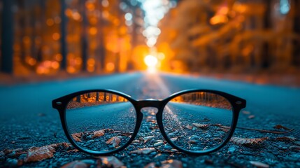 A glasses kept in the middle of the road with a beautiful view of sunset, Generative AI. - obrazy, fototapety, plakaty