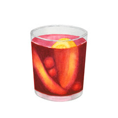 Watercolor mulled wine with orange slices and berries in a glass. Hot red winter drink isolated on transparent background. Hand painted illustration. For packaging, menus, cards, printing, invitations