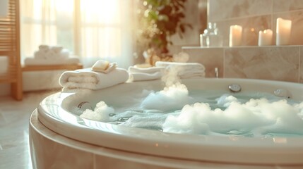 A steam bath tub in modern bathroom with a big copy space, Generative AI.