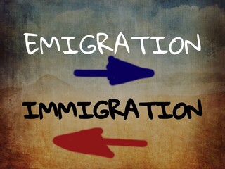 Emigration and immigration concept. Graffiti on the wall - 712607977