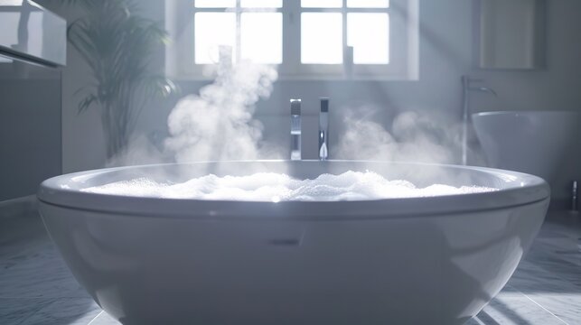A steam bath tub in modern bathroom with a big copy space, Generative AI.