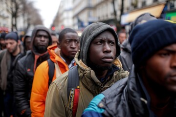 African illegal immigrants on street in European city - obrazy, fototapety, plakaty