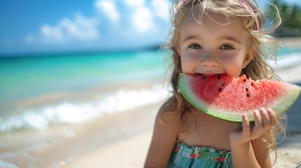 Adorable young child on a sandy beach, munching exquisite watermelon in summer, space, Generative AI. - obrazy, fototapety, plakaty