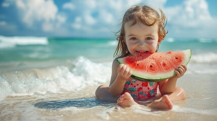 Adorable young child on a sandy beach, munching exquisite watermelon in summer, space, Generative AI. - obrazy, fototapety, plakaty