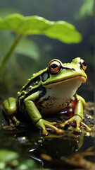 Obraz premium A frog sits on a leaf in water