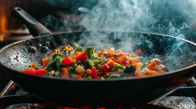 Asian style cooking produces steaming mixed Vegetable high quality image with a copy space, Generative AI.
