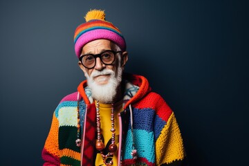 Portrait of a handsome senior hipster man with long gray beard and mustache wearing a colorful knitted hat and colorful jacket.