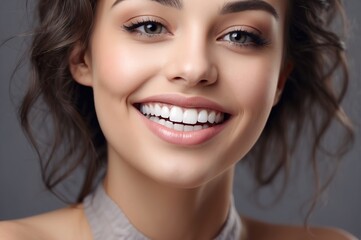 Close Up woman Beautiful smile on grey background
