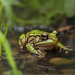 Obraz premium A frog sits on a leaf in water