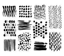 Set of black and white grunge overlay texture shapes, painting ink organic strokes lines circles noise patterns