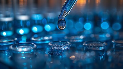 Close-up of a pipette drop of liquid atop a test tube made of glass, space, Generative AI.