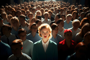 Stand out from the crowd concept with blonde woman standing out from large crowd of people, illustration - obrazy, fototapety, plakaty
