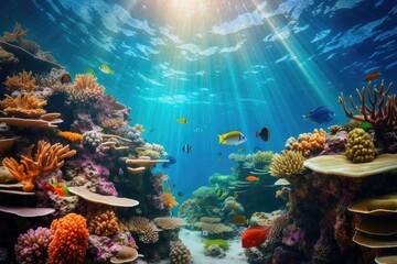 Naklejka na ściany i meble Tropical sea underwater fishes on coral reef. Aquarium oceanarium wildlife colorful marine panorama landscape nature snorkel diving ,coral reef and fishes