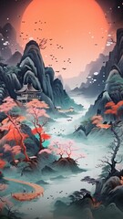 Painting with an asian landscape and various AI Generated pictures