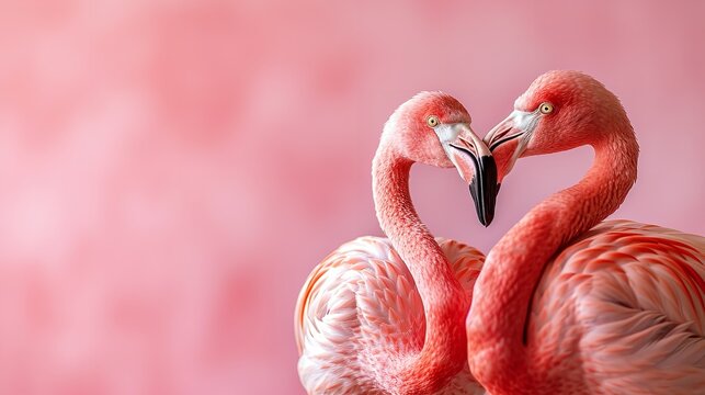 Flamingo bird  making heart against a clean pink backdrop with a big copy space, Generative AI.