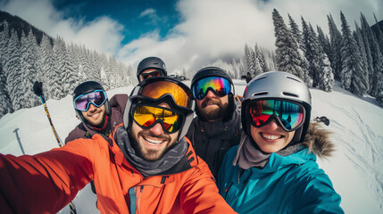Fototapeta na wymiar Happy group of skiers taking selfie sitting on winter slope 