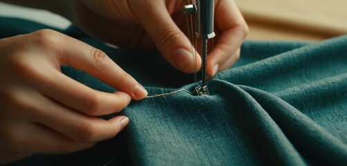  a close up of a person working on a piece of cloth with a sewing machine in the foreground and a hand holding a needle in the middle of the fabric. - obrazy, fototapety, plakaty