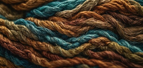  a close up of a multicolored yarn with a brown, blue, orange, and green stripe on the top of the yarn and bottom of the yarn.
