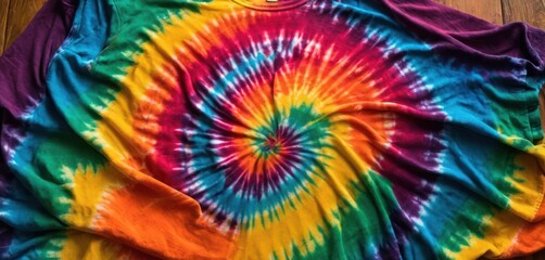  a multicolored tie - dyed t - shirt laying on top of a wooden floor with a pair of scissors in the middle of the tie - dyed t - shirt. - obrazy, fototapety, plakaty