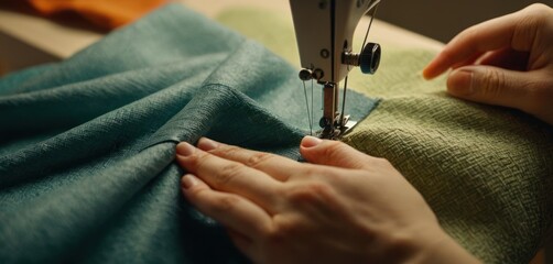  a woman is using a sewing machine to sew a piece of cloth on a sewing machine with a pair of hands on top of the sewing machine and a green cloth. - obrazy, fototapety, plakaty