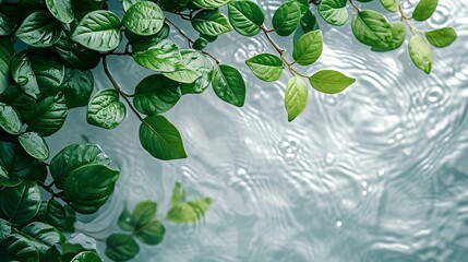 Green leaves over clean transparent water surface with a big copy space, Generative AI.