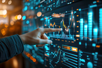 Person Pointing at Screen With Chart, Business Presentation and Analysis