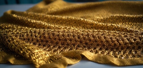  a close up of a piece of cloth with a gold colored material in the middle of the image, with a blurry background to the top of the fabric. - obrazy, fototapety, plakaty