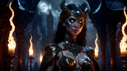 A figure with concealed face, adorned in ornate armor, stands against a dark castle backdrop with torches. Intricate patterns on the armor may signify symbols or runes. 