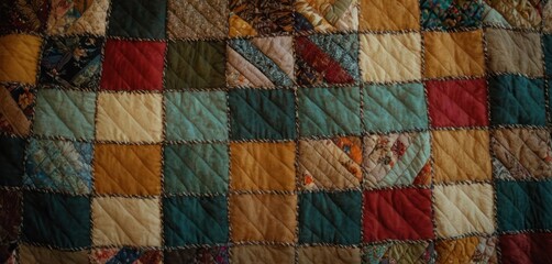  a close up of a quilt on a bed with a red, yellow, blue, and green checkerboard design on the back of the quilt and the top of the quilt.