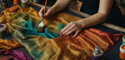  a woman is painting with a brush on a piece of cloth with other paint and a brush in one hand and a brush in the other hand of the other hand. - obrazy, fototapety, plakaty