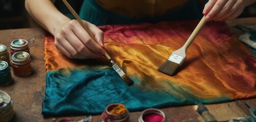  a woman holding a paintbrush and painting on a piece of cloth with other paints and brushes on the table next to the artist's palettes and brushes.